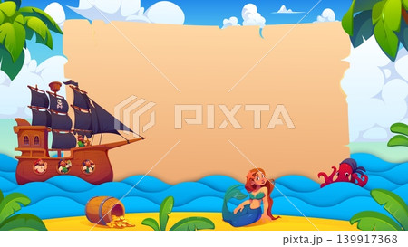 Papercut pirate banner with sail ship, funny sailors, mermaid and blue sea waves. Pirate banner with octopus on sandy beach, gold coins, palm trees and blank parchment for kids party invitations 139917368