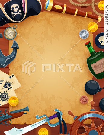 Cartoon vintage paper scroll banner with pirate weapons and corsair tricorn hat. Pirate treasure map scroll poster with with spy glass, rum, playing cards and coins, rope, steering wheel and anchor 139917376