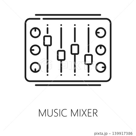 Music sound record mixer line icon or symbol. Music mixing equipment outline icon, audio mastering vector symbol. Sound recording studio pictogram with mixing device or equipment slides and nubs Music sound record mixer line icon or symbol. Music mixing equipment outline icon, audio mastering vector symbol. Sound recording studio pictogram with mixing device or equipment slides and nubs 139917386