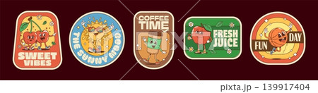 Groovy hippie label stickers, funny characters retro patches with smiling cherry, sun, coffee cup, apple and basketball ball promotes sweet vibes, sunny mood, coffee time, fresh juice and fun day vibe Groovy hippie label stickers, funny characters retro patches with smiling cherry, sun, coffee cup, apple and basketball ball promotes sweet vibes, sunny mood, coffee time, fresh juice and fun day vibe 139917404