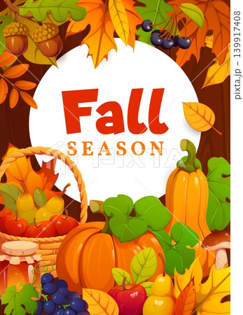 Thanksgiving and autumn fall banner with season harvest and leaves, vector background. Autumn fall season banner for Thanksgiving holiday with harvest pumpkins, apples and pears in baskets with honey Thanksgiving and autumn fall banner with season harvest and leaves, vector background. Autumn fall season banner for Thanksgiving holiday with harvest pumpkins, apples and pears in baskets with honey 139917408