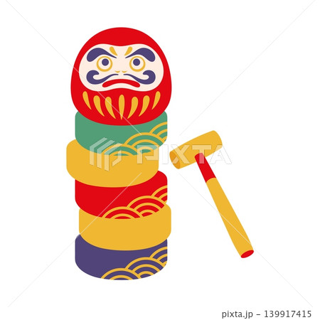 Japanese New Year daruma otoshi game icon with daruma doll perched on stacked multicolored rings beside a wooden mallet. Festive cultural Asian charm. Symbol of celebration, tradition and good luck Japanese New Year daruma otoshi game icon with daruma doll perched on stacked multicolored rings beside a wooden mallet. Festive cultural Asian charm. Symbol of celebration, tradition and good luck 139917415