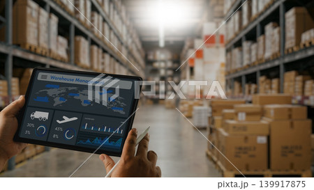 Warehouse staff using tablet dashboard for inventory tracking, shipping analysis, logistics monitoring and supply management inside modern storage and distribution warehouse facility. Warehouse staff using tablet dashboard for inventory tracking, shipping analysis, logistics monitoring and supply management inside modern storage and distribution warehouse facility. 139917875