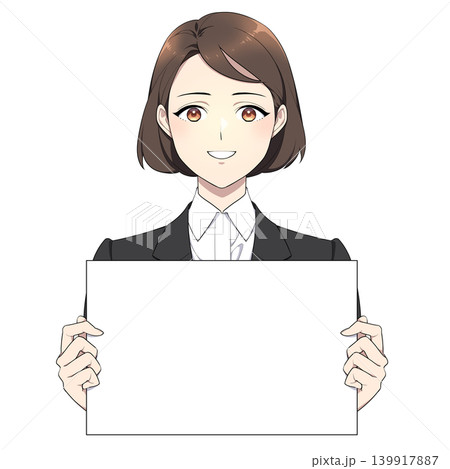 笑顔でボードを持つ社会人女性のイラスト 笑顔でボードを持つ社会人女性のイラスト 139917887