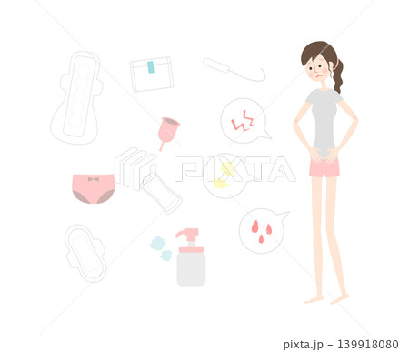 月経に悩む女性と生理用品セット 月経に悩む女性と生理用品セット 139918080