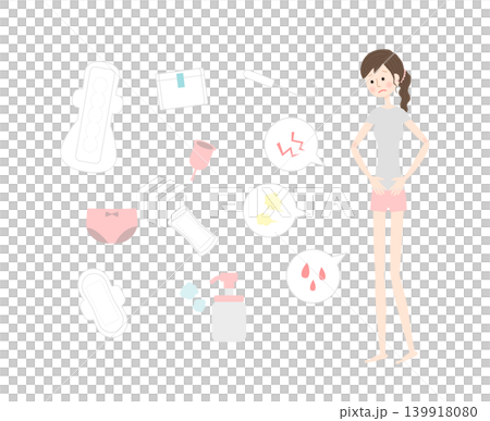 月経に悩む女性と生理用品セット 月経に悩む女性と生理用品セット 139918080
