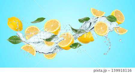 Lemon slices and whole lemons mix with water and leaves Lemon slices and whole lemons mix with water and leaves 139918116