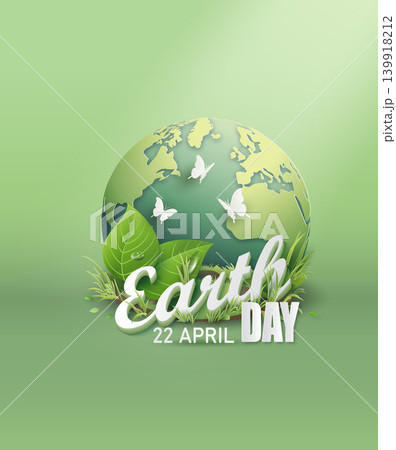 Earth Day 22nd April Concept: Green Globe and Nature in Paper Cut Style 139918212