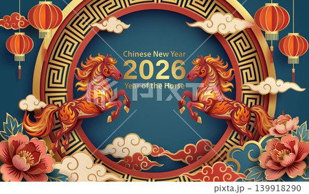 Year of the Horse. Two red horses facing each other on blue paper cut background. 139918290