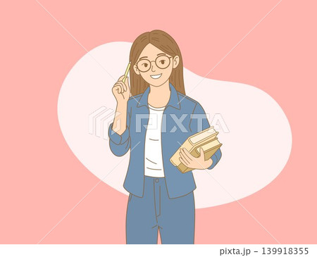 Smiling student girl holding books and pencil illustration Smiling student girl holding books and pencil illustration 139918355