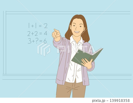 Happy female teacher explaining math in classroom illustration Happy female teacher explaining math in classroom illustration 139918358