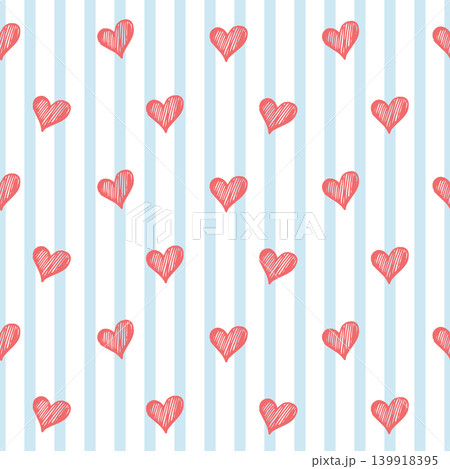 Seamless pattern with cute red hearts on blue striped background kids valentine design Seamless pattern with cute red hearts on blue striped background kids valentine design 139918395