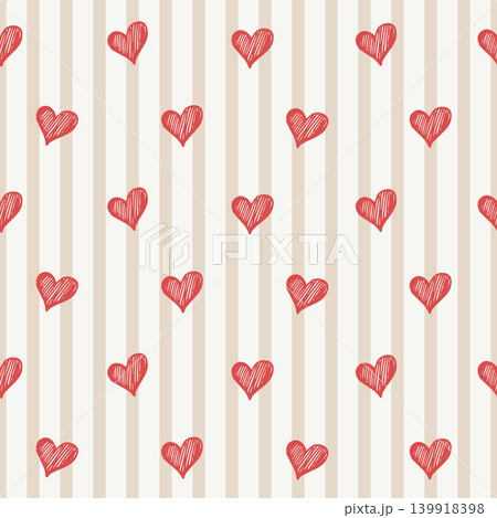 Red hand-drawn hearts on striped beige background 139918398