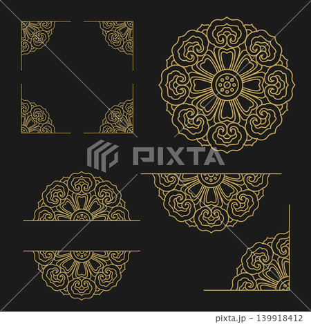 Gold mandala ornament decorative elements luxury floral line art set Dark background Black Gold mandala ornament decorative elements luxury floral line art set Dark background Black 139918412