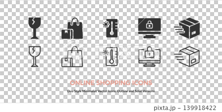 Vector icon set for online shopping (line art and colored versions) including "Fragile," "Express Delivery," and "PC Security" Vector icon set for online shopping (line art and colored versions) including "Fragile," "Express Delivery," and "PC Security" 139918422