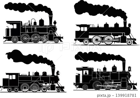 Vintage Steam Train Silhouette Classic Locomotive Railway Vector Set  139918781