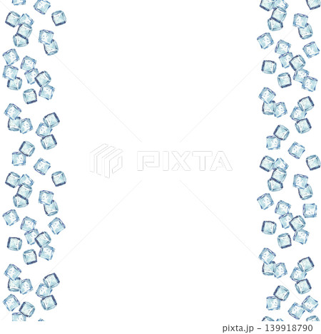 Ice cubes watercolor realistic seamless border frame. Blue, square pieces of ice cubes hand drawn square card template isolated from background pattern for packaging of water and refreshing drinks. 139918790