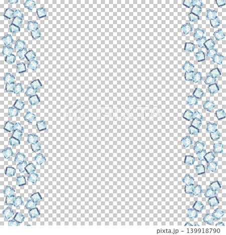 Ice cubes watercolor realistic seamless border frame. Blue, square pieces of ice cubes hand drawn square card template isolated from background pattern for packaging of water and refreshing drinks. 139918790