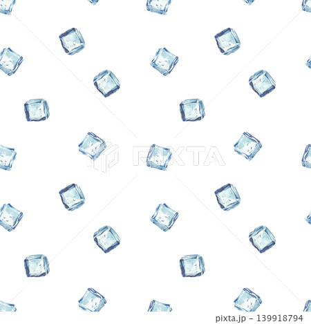 Ice cubes watercolor realistic seamless pattern. Blue, square pieces of ice cubes hand painted design on isolated white background for fabric, wallpaper, packaging of water and drinks, wrapping paper. Ice cubes watercolor realistic seamless pattern. Blue, square pieces of ice cubes hand painted design on isolated white background for fabric, wallpaper, packaging of water and drinks, wrapping paper. 139918794