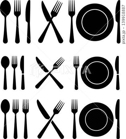 Restaurant Cutlery Icons Set Spoon Fork Knife Plate Silhouette Vector Collection Restaurant Cutlery Icons Set Spoon Fork Knife Plate Silhouette Vector Collection 139918887