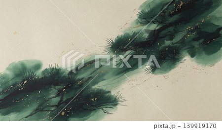右上から斜めにエメラルドと墨が流れるグレー和紙俯瞰背景 139919170