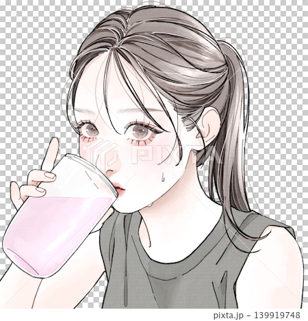 一名女子正在喝蛋白奶昔 一名女子正在喝蛋白奶昔 139919748
