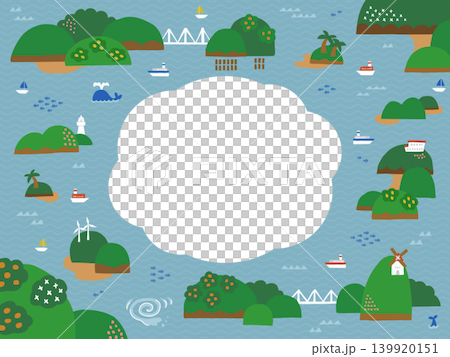 海と島々の風景イラスト　背景・フレーム素材（横向き） 139920151