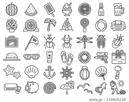 夏のアイコン(線画)のイラスト42個セット 夏のアイコン(線画)のイラスト42個セット 139920238