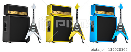 Set of amplifier with acoustic guitar isolated on white background. Set of amplifier with acoustic guitar isolated on white background. 139920563