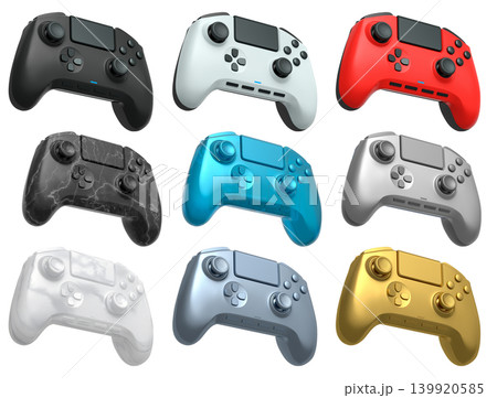 Collection of gaming controllers isolated on white background with clipping path Collection of gaming controllers isolated on white background with clipping path 139920585