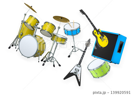 Set of electric acoustic guitars and drums with cymbals on white background 139920591