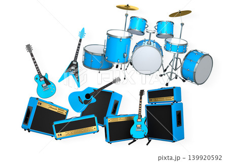 Set of electric acoustic guitars and drums with cymbals on white background 139920592