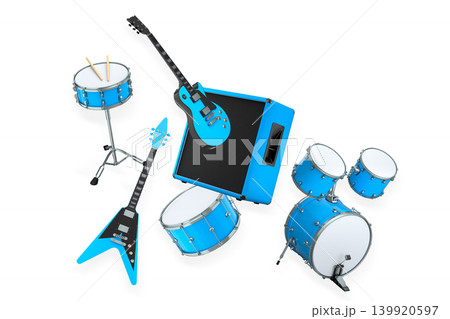 Set of electric acoustic guitars and drums with cymbals on white background 139920597