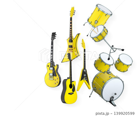 Set of electric acoustic guitars and drums with cymbals on white background 139920599