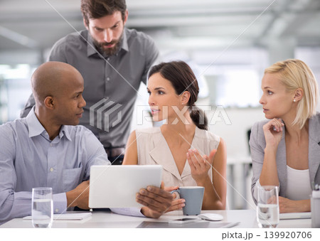 Business people, teamwork and tablet for planning in meeting with speaker for corporate research, brainstorming or diversity. Collaboration, group and employees with technology and discussion at work 139920706