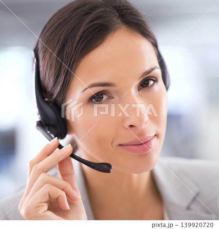 Call center, woman and portrait for telemarketing and communication with headset, microphone and contact us. Customer support, employee and face with consulting, help desk and advisor in workplace Call center, woman and portrait for telemarketing and communication with headset, microphone and contact us. Customer support, employee and face with consulting, help desk and advisor in workplace 139920720