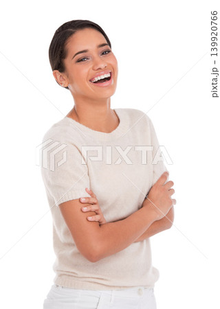Happy, portrait and woman laughing with arms crossed in studio with funny, joke or silly humor on white background. Face, smile and female model remember goofy memory, comic or friendly personality 139920766
