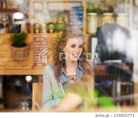 Cafe, window and smile with friends on laptop for remote work, research or study together at brunch. Social, woman and talk to person in coffee shop about project on computer with happy conversation Cafe, window and smile with friends on laptop for remote work, research or study together at brunch. Social, woman and talk to person in coffee shop about project on computer with happy conversation 139920771