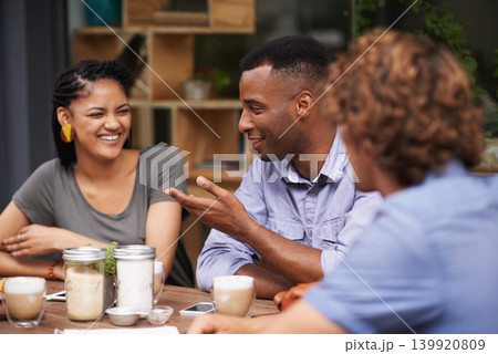 Friends, people relax together at coffee shop and bonding with conversation, diversity and trust outdoor in San Francisco. Support, loyalty and friendship date at cafe for social gathering or reunion Friends, people relax together at coffee shop and bonding with conversation, diversity and trust outdoor in San Francisco. Support, loyalty and friendship date at cafe for social gathering or reunion 139920809