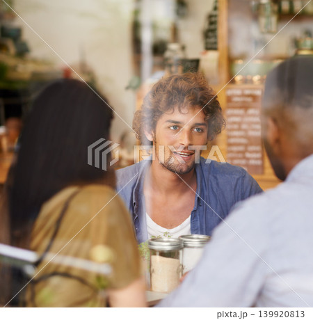 Conversation, window and friends in restaurant together for bonding, social gathering and lunch. Coffee shop, brunch and group of people relax in cafe for casual chat, drinks and happy discussion. Conversation, window and friends in restaurant together for bonding, social gathering and lunch. Coffee shop, brunch and group of people relax in cafe for casual chat, drinks and happy discussion. 139920813