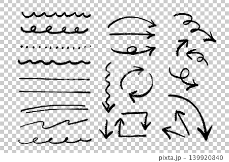 Hand-drawn arrow and line rough sketch decoration set: Includes brush-style wavy lines, underlines, and circular arrows. Hand-drawn arrow and line rough sketch decoration set: Includes brush-style wavy lines, underlines, and circular arrows. 139920840