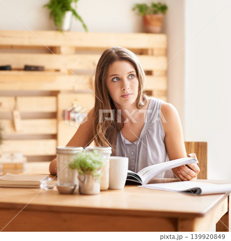 Woman, thinking and book in coffee shop for studying research or exam learning for college, university or education. Female person, thoughts and restaurant for knowledge test, assignment or beverage Woman, thinking and book in coffee shop for studying research or exam learning for college, university or education. Female person, thoughts and restaurant for knowledge test, assignment or beverage 139920849