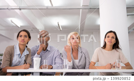 Thinking, presentation and audience of business people in office for teamwork, collaboration and discussion. Corporate, company and men and women listen in meeting for feedback, review and report Thinking, presentation and audience of business people in office for teamwork, collaboration and discussion. Corporate, company and men and women listen in meeting for feedback, review and report 139920852