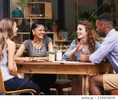 Friends, relax with people at cafe and conversation for bonding, diversity and trust outdoor in San Francisco. Support, loyalty and friendship date in coffee shop for social gathering or reunion 139920854
