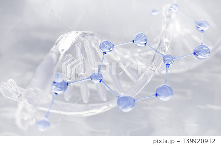 Transparent DNA helix strand structure with blue molecule on light 3d background. Modern biotech in bio cosmetics, clear water formula of collagen serum with hyaluronic acid, peptides. 3D illustration 139920912