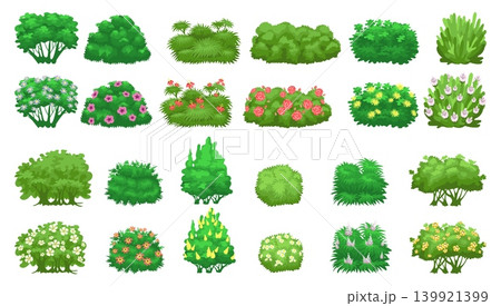Green garden shrubs. Both flowering or non flowering. Ornamental summer plants. Cartoon style park woods. Living natural hedges. Shrubbery tree. Botanical landscape elements vector set 139921399
