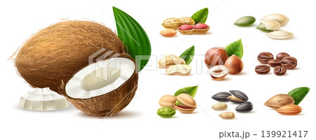 Realistic images of nuts and seeds. Natural dried snacks with leaves. Healthy foods. Plant based foods. Coffee beans. Coconut whole and piece. Almonds and cashews. Vector objects set Realistic images of nuts and seeds. Natural dried snacks with leaves. Healthy foods. Plant based foods. Coffee beans. Coconut whole and piece. Almonds and cashews. Vector objects set 139921417