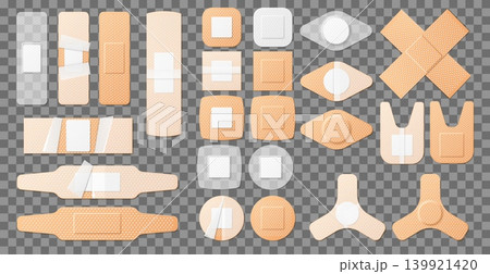 Realistic medical plasters. Various shapes and colors of adhesive bandages. Antibacterial 3D wound stickers. Insulated waterproof strips. Sticky perforated pharmaceutical bands vector set Realistic medical plasters. Various shapes and colors of adhesive bandages. Antibacterial 3D wound stickers. Insulated waterproof strips. Sticky perforated pharmaceutical bands vector set 139921420