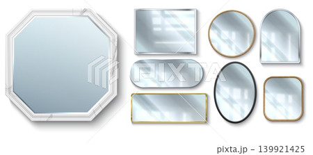 Realistic mirrors. 3D glass surfaces. Interior furniture. Wooden and metal frames. Round and square borders. Decorative vintage and contemporary designs. Furnishing objects vector set Realistic mirrors. 3D glass surfaces. Interior furniture. Wooden and metal frames. Round and square borders. Decorative vintage and contemporary designs. Furnishing objects vector set 139921425