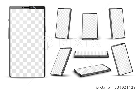 Realistic mobile phone mockup. Smartphone template shown from various angles with transparent background and display. Cellular telephone. Tablet touchscreen. Digital devices vector set 139921428